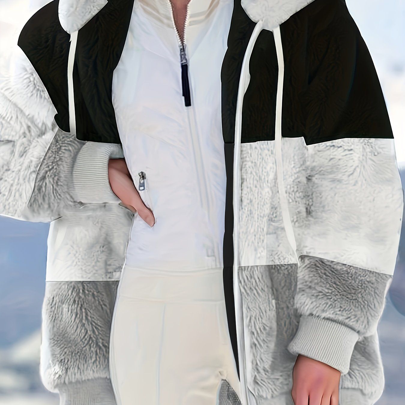 Color Block Hooded Teddy Coat, Casual Zip Up Long Sleeve Winter Warm Outerwear, Women's Clothing - Renee Lane Company
