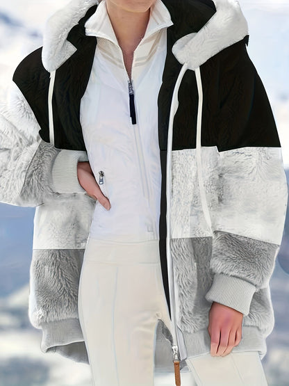 Color Block Hooded Teddy Coat, Casual Zip Up Long Sleeve Winter Warm Outerwear, Women's Clothing - Renee Lane Company