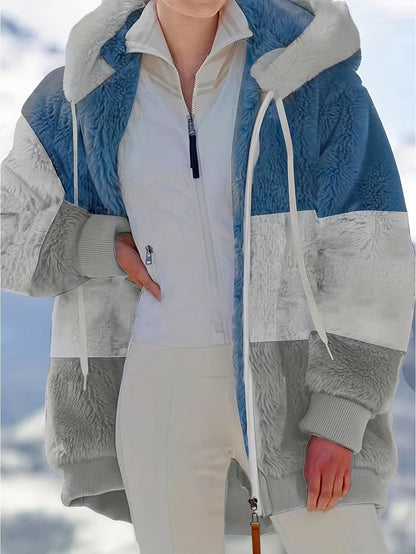 Color Block Hooded Teddy Coat, Casual Zip Up Long Sleeve Winter Warm Outerwear, Women's Clothing - Renee Lane Company