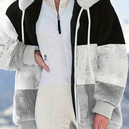 Color Block Hooded Teddy Coat, Casual Zip Up Long Sleeve Winter Warm Outerwear, Women's Clothing - Renee Lane Company