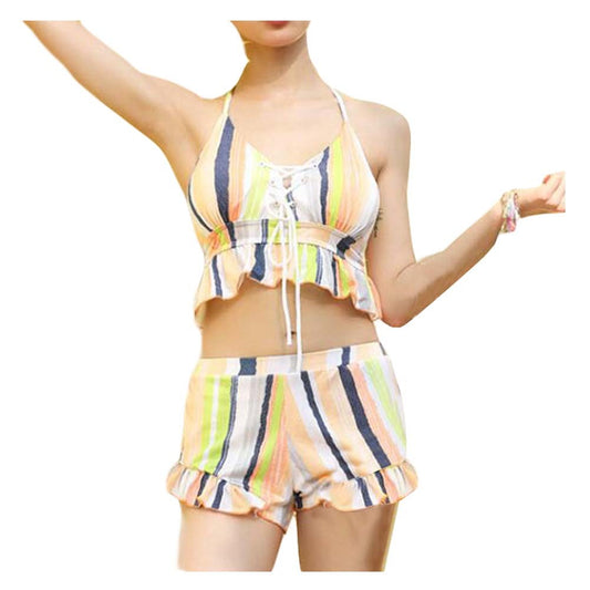 Colorful Striped Women Two Piece Swimsuits Yellow Bathing Suit V-neck Halter Bikini Set for Summer, Asian Medium - Renee Lane Company