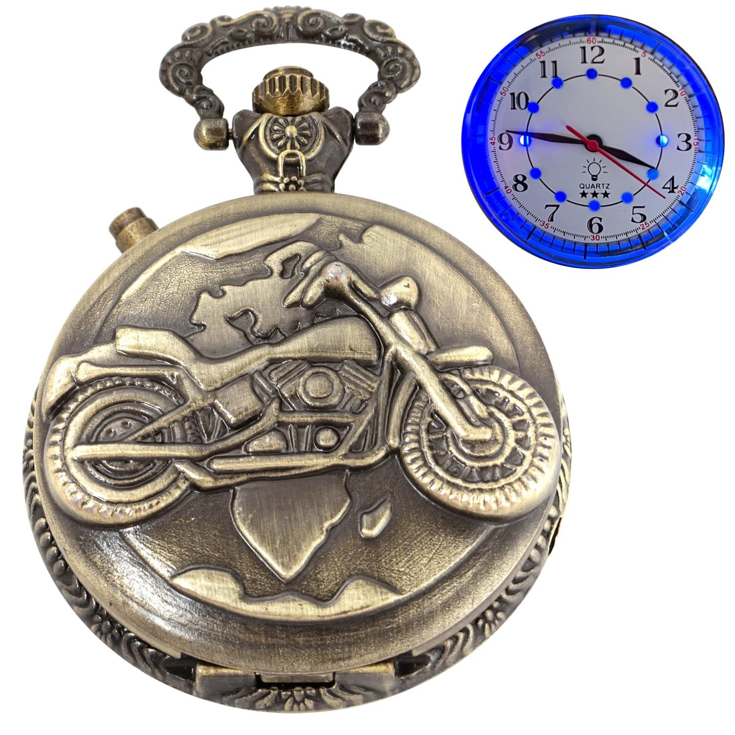 Cool Motorcycle Design Pocket Watch with LED Lights Creative Quartz Arabic Numeral Dial for Mens Pocket Watch - Renee Lane Company