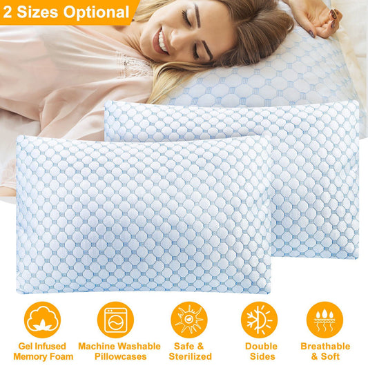 Cooling Memory Foam Pillow Ventilated Soft Bed Pillow w/ Cooling Gel Infused Memory Foam 2Pcs Queen Size - Renee Lane Company