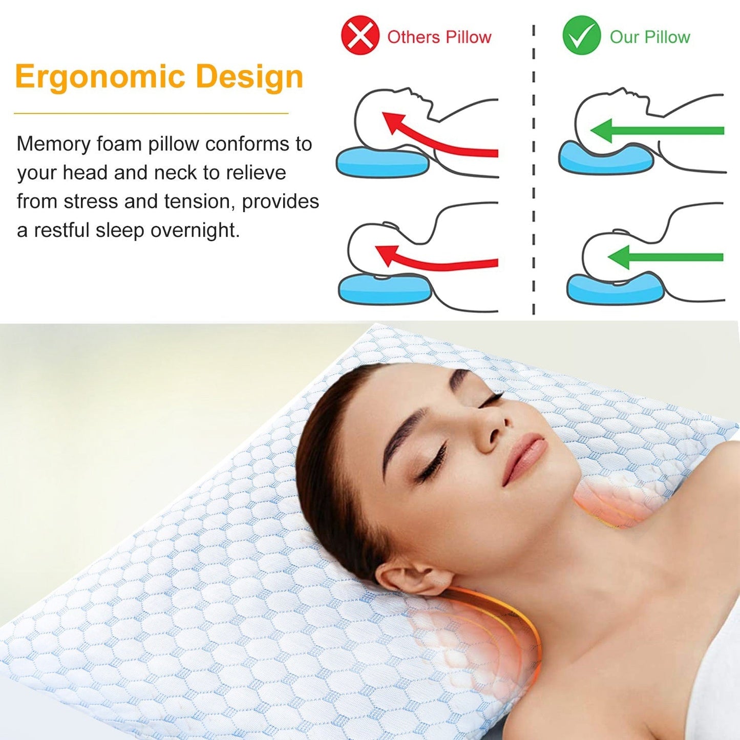 Cooling Memory Foam Pillow Ventilated Soft Bed Pillow w/ Cooling Gel Infused Memory Foam 2Pcs Queen Size - Renee Lane Company