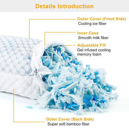 Cooling Memory Foam Pillow Ventilated Soft Bed Pillow w/ Cooling Gel Infused Memory Foam 2Pcs Queen Size - Renee Lane Company