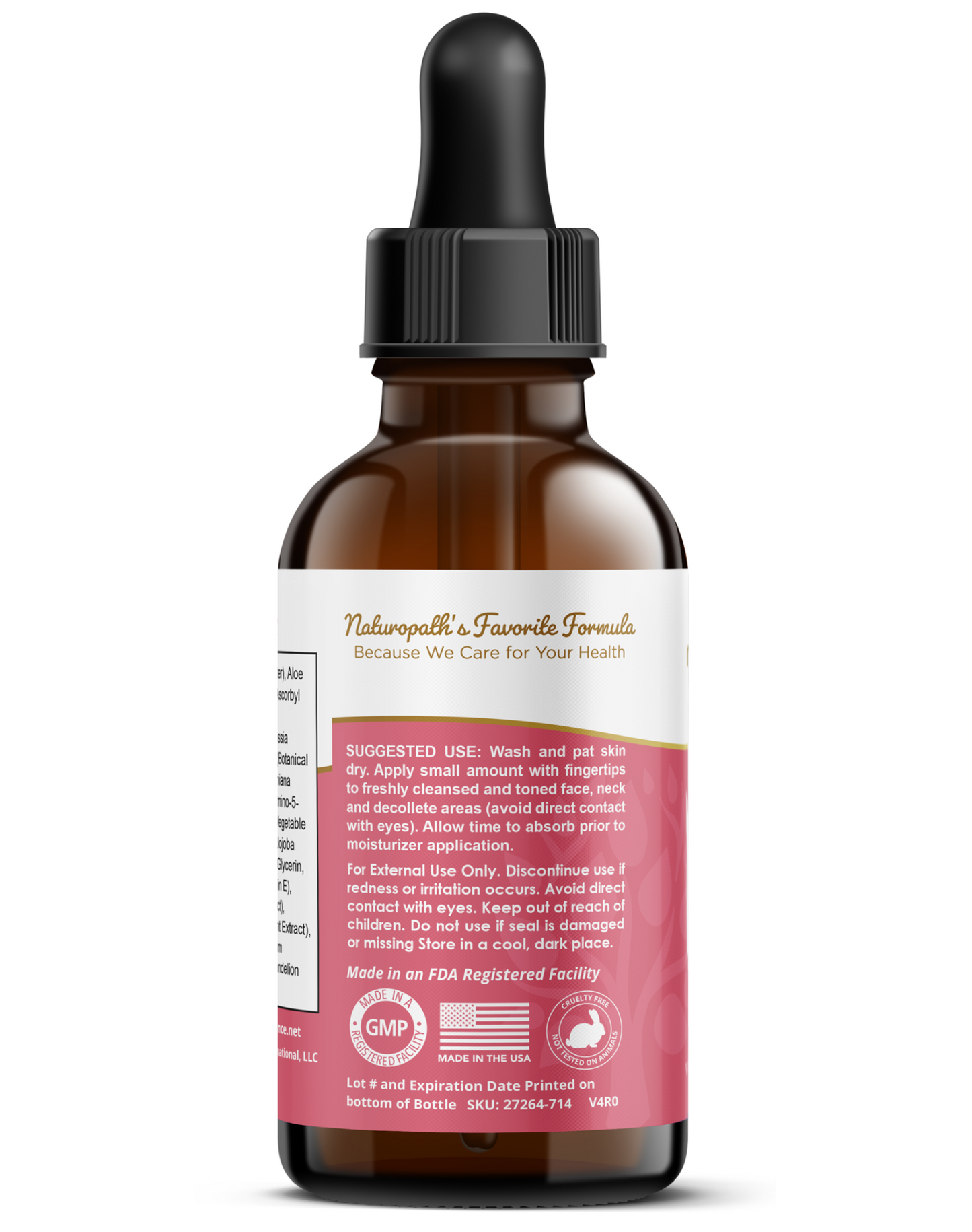 Facial vitamin C serum bottle with black dropper and back label on amber glass