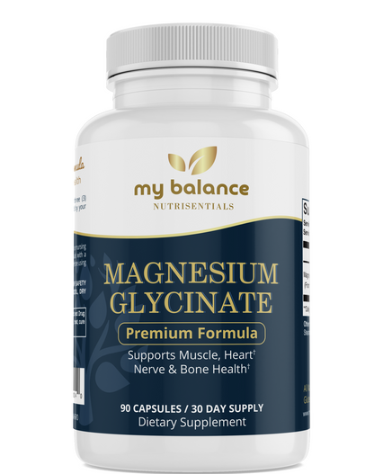 Magnesium glycinate dietary supplement bottle with front label, 90 capsules