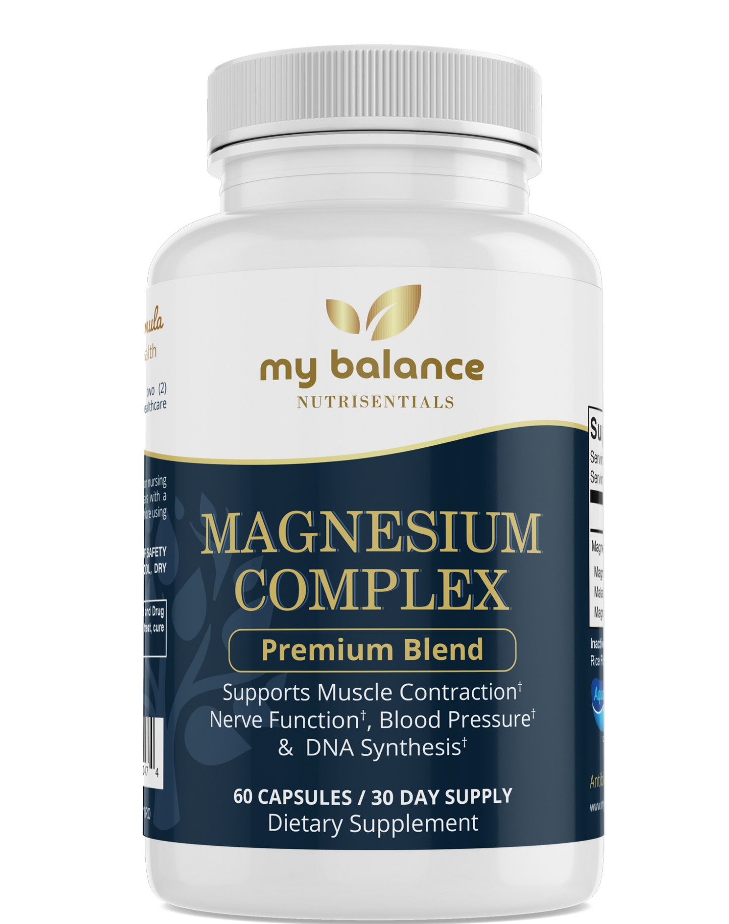 Magnesium complex premium blend supplement bottle, white with gold logo