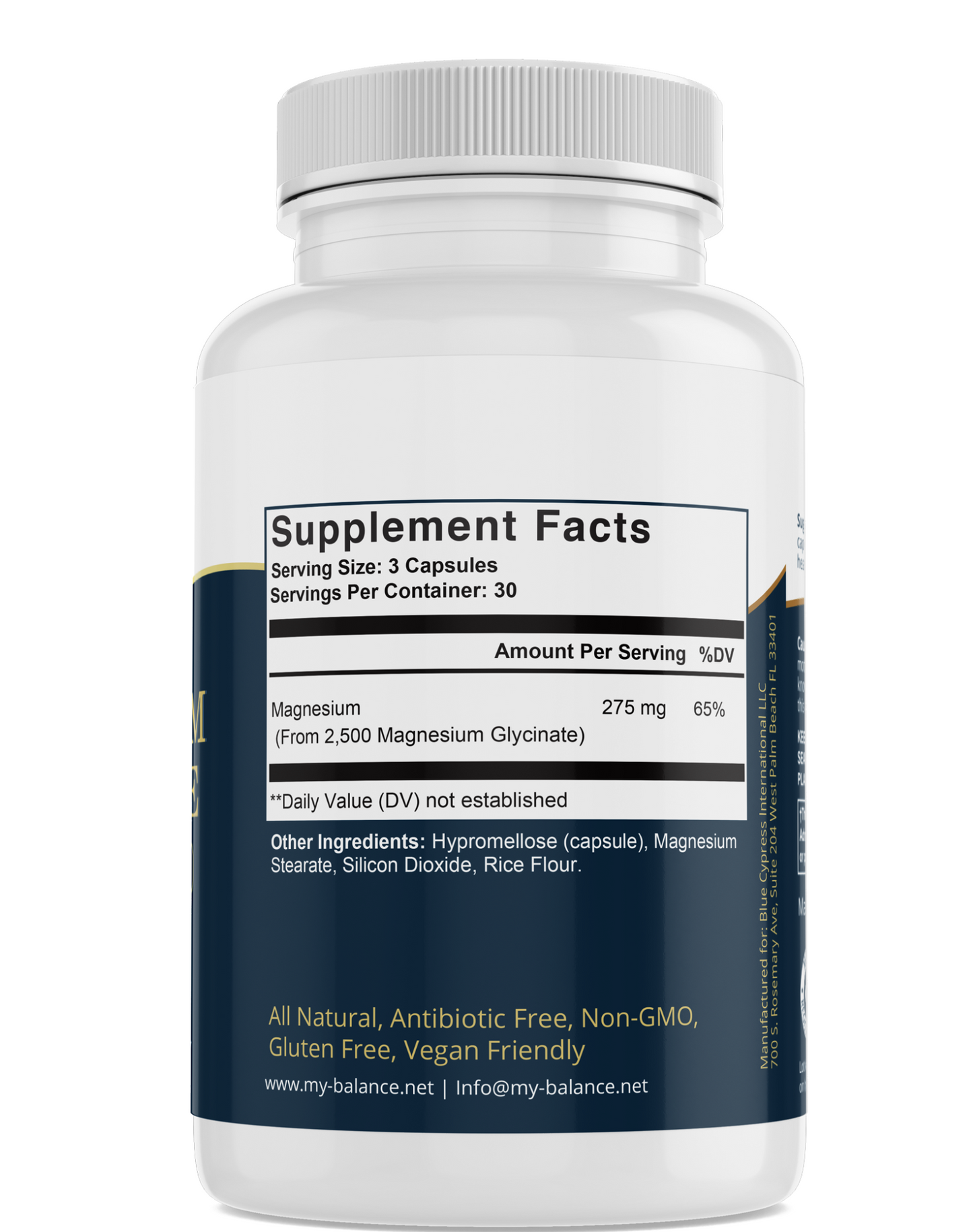 Magnesium glycinate Supplement Facts label on bottle, 275 mg per 3 capsules