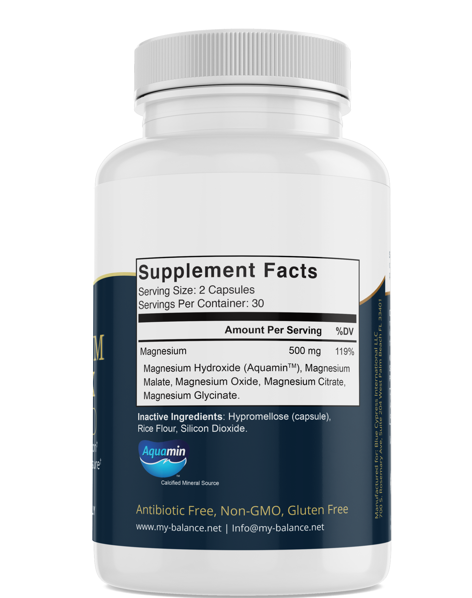 Magnesium complex supplement facts label on bottle with serving size and ingredients