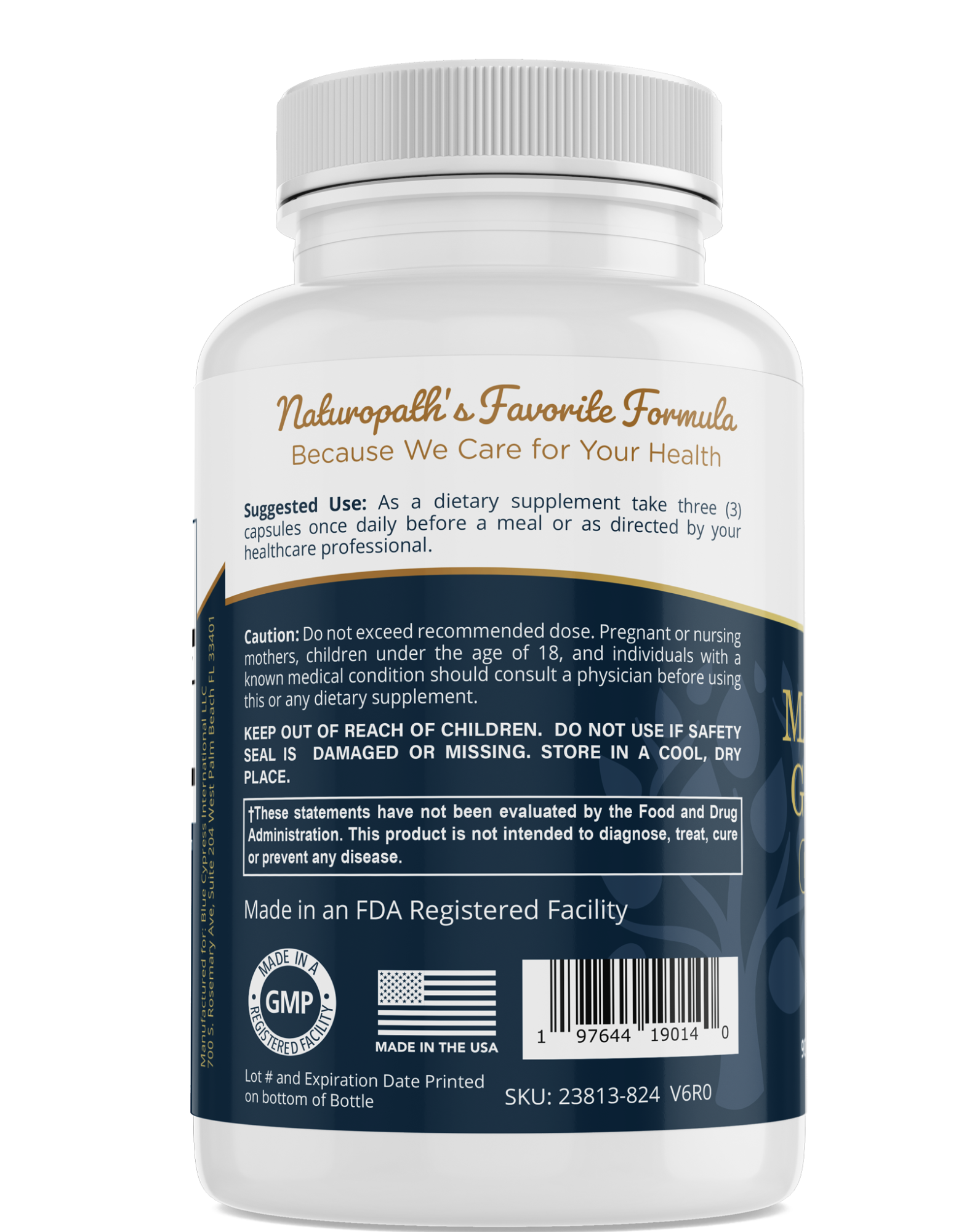 Magnesium glycinate bottle back label with directions, warnings, and GMP seal