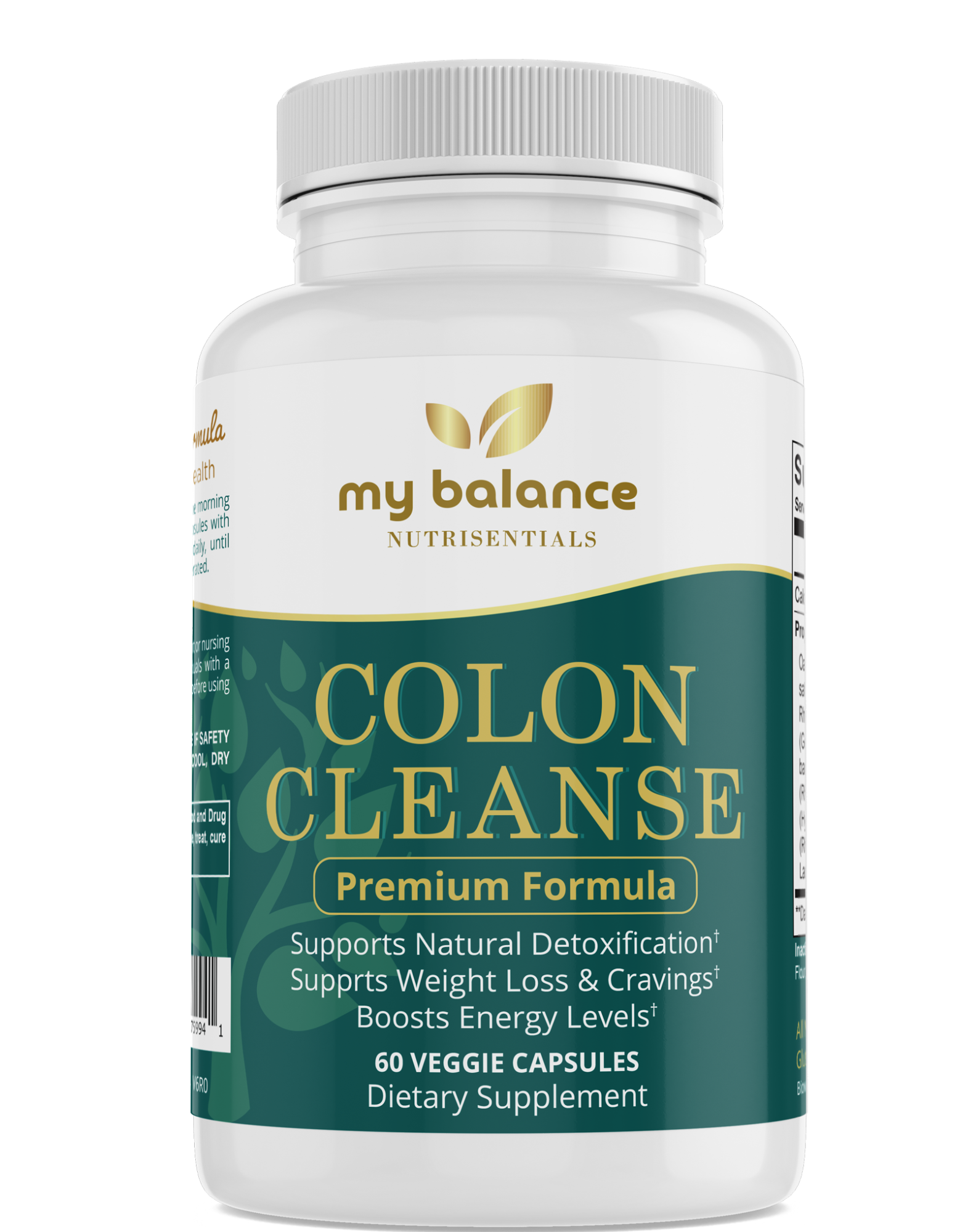 Colon Cleanse dietary supplement bottle with white cap and green front label