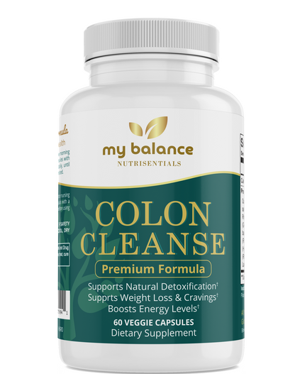 Colon Cleanse dietary supplement bottle with white cap and green front label