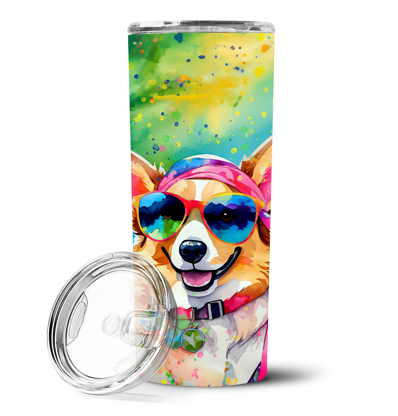Corgi Hippie Dawg Stainless Steel Skinny Tumbler Vacuum Double Walled Reusable Insulated Tumbler Travel Cup for Coffee Cocktails Gift with Lid, 20 oz - Renee Lane Company