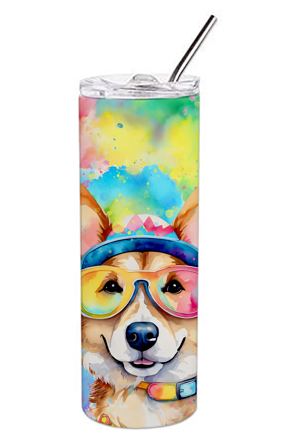 Corgi Hippie Dawg Stainless Steel Skinny Tumbler Vacuum Double Walled Reusable Insulated Tumbler Travel Cup for Coffee Cocktails Gift with Lid, 20 oz - Renee Lane Company