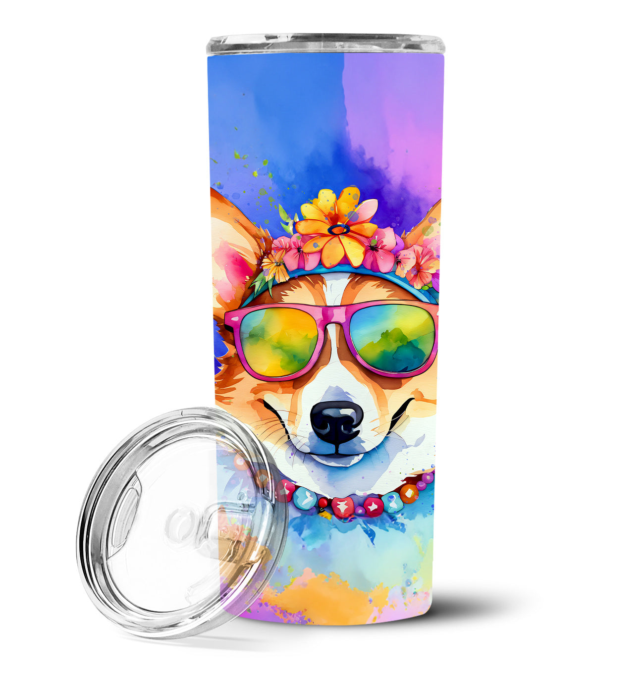 Corgi Hippie Dawg Stainless Steel Skinny Tumbler Vacuum Double Walled Reusable Insulated Tumbler Travel Cup for Coffee Cocktails Gift with Lid, 20 oz - Renee Lane Company