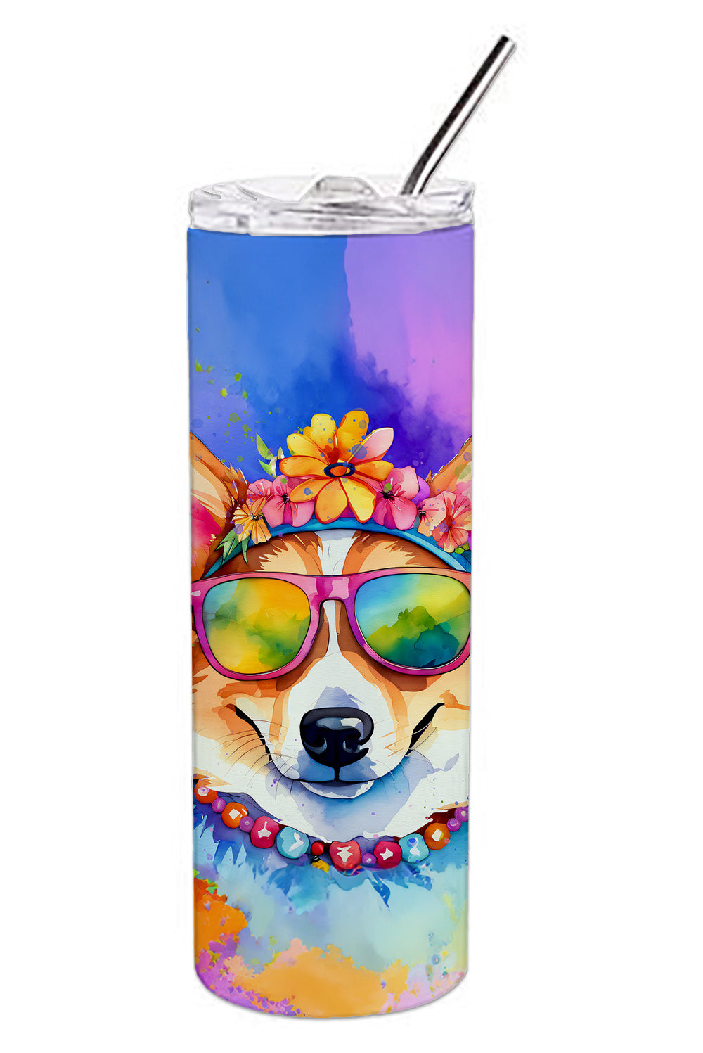 Corgi Hippie Dawg Stainless Steel Skinny Tumbler Vacuum Double Walled Reusable Insulated Tumbler Travel Cup for Coffee Cocktails Gift with Lid, 20 oz - Renee Lane Company