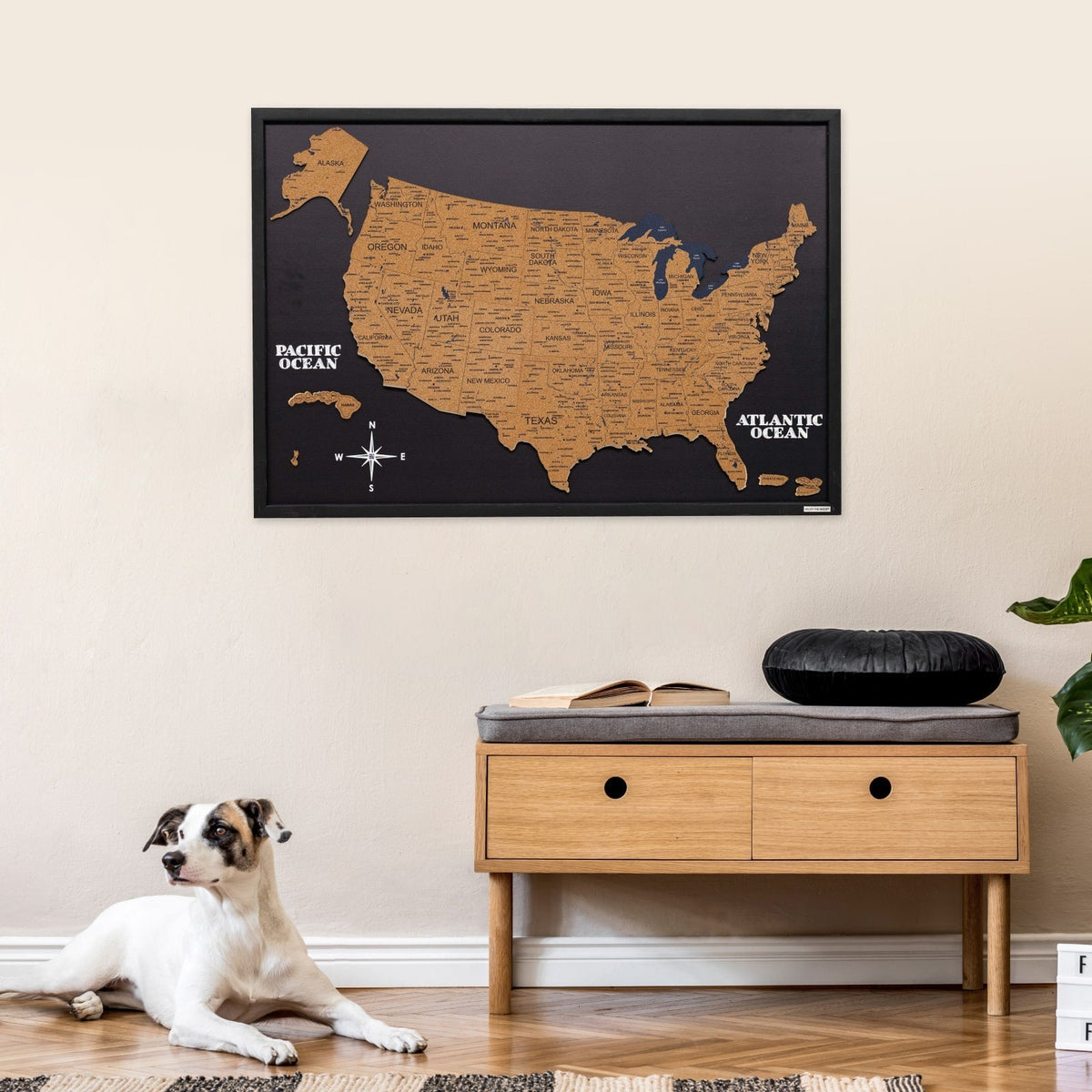 Framed cork USA map wall art with brown state map on dark background