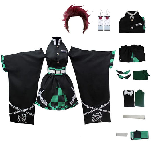 Cosplay Costume Anime Kimono Halloween Off Shoulder Skirt Shinobu Outfit With Earings (3XL Green-w) - Renee Lane Company