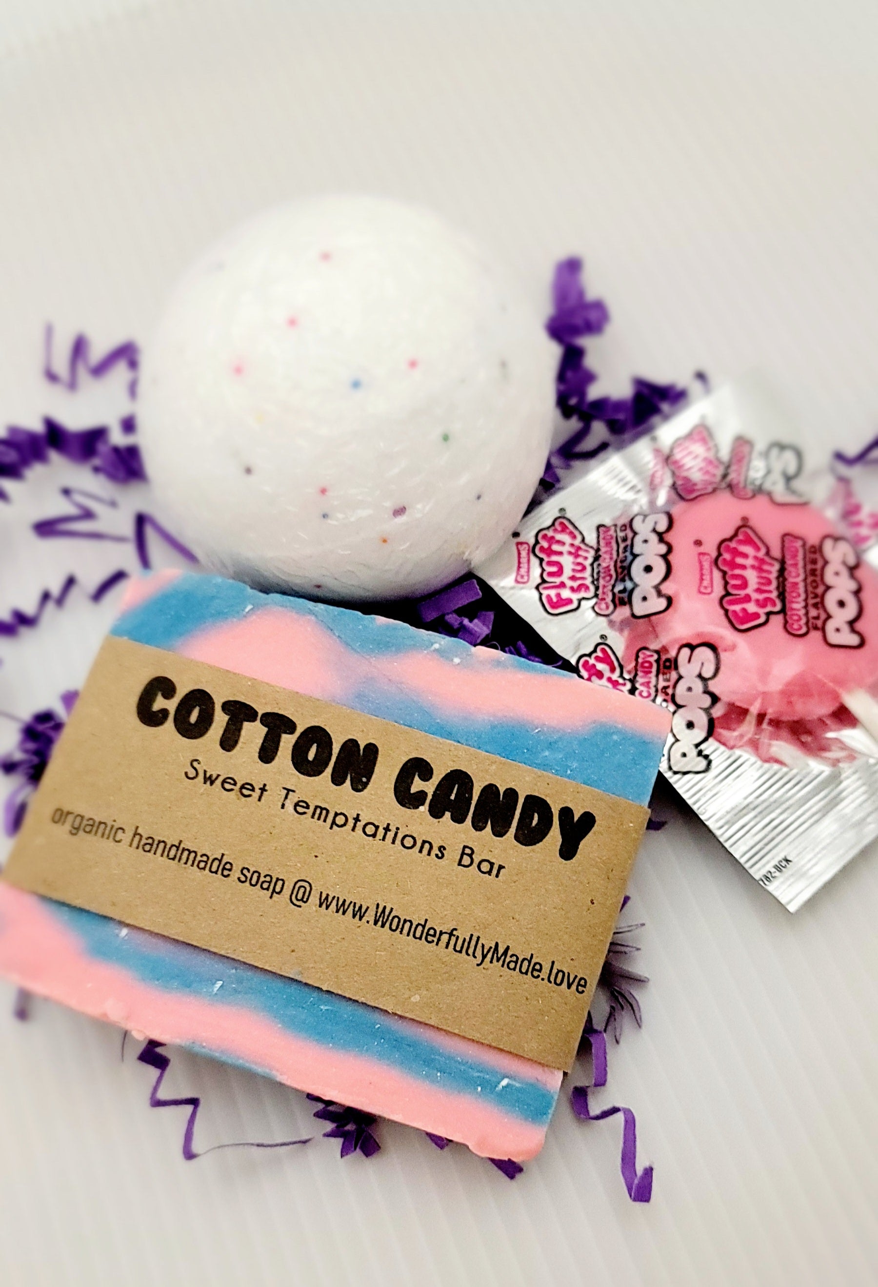 Cotton Candy Gift Bundle | Sprinkles Organic Bath Bomb | All Natural | Handmade Luxury Soap Bar | Cotton Candy Lollipop - Renee Lane Company