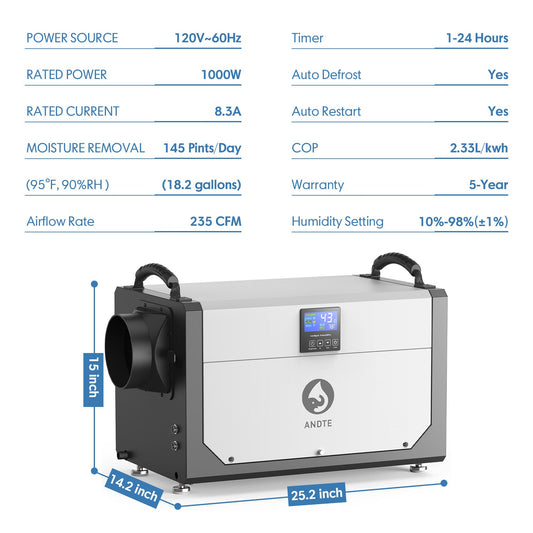 Basement dehumidifier with side air intake fan, top handles, and front control display