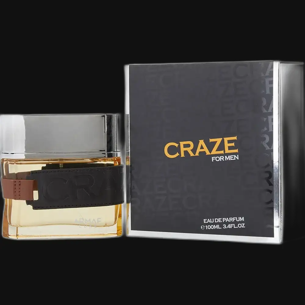 Craze by Armaf men’s eau de parfum bottle with black band and brown strap, boxed