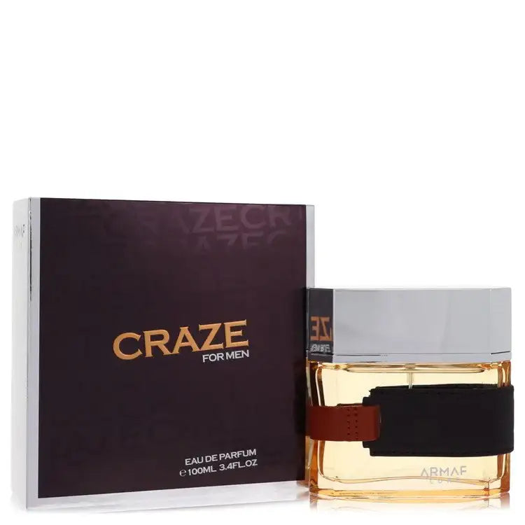 Men's eau de parfum bottle with black label and brown strap, paired with dark box