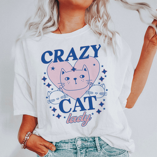 White T-shirt with navy “CRAZY CAT Lady” print and cute cat face illustration