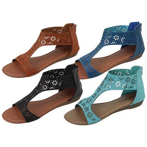 Open-toe summer sandals with daisy cutout straps and low wedge heel; brown, black, blue, mint
