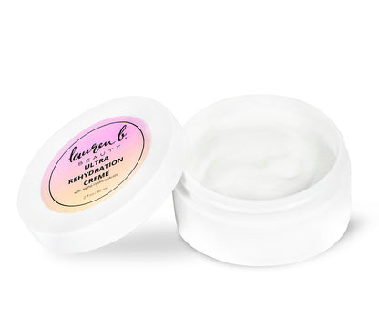 Laura b. Ultra Rehydration hand cream jar open, white cream inside