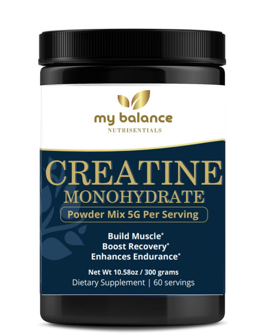 Creatine monohydrate powder tub with my balance branding and serving-size mix info