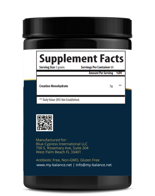 Creatine monohydrate tub with Supplement Facts panel and QR code on back