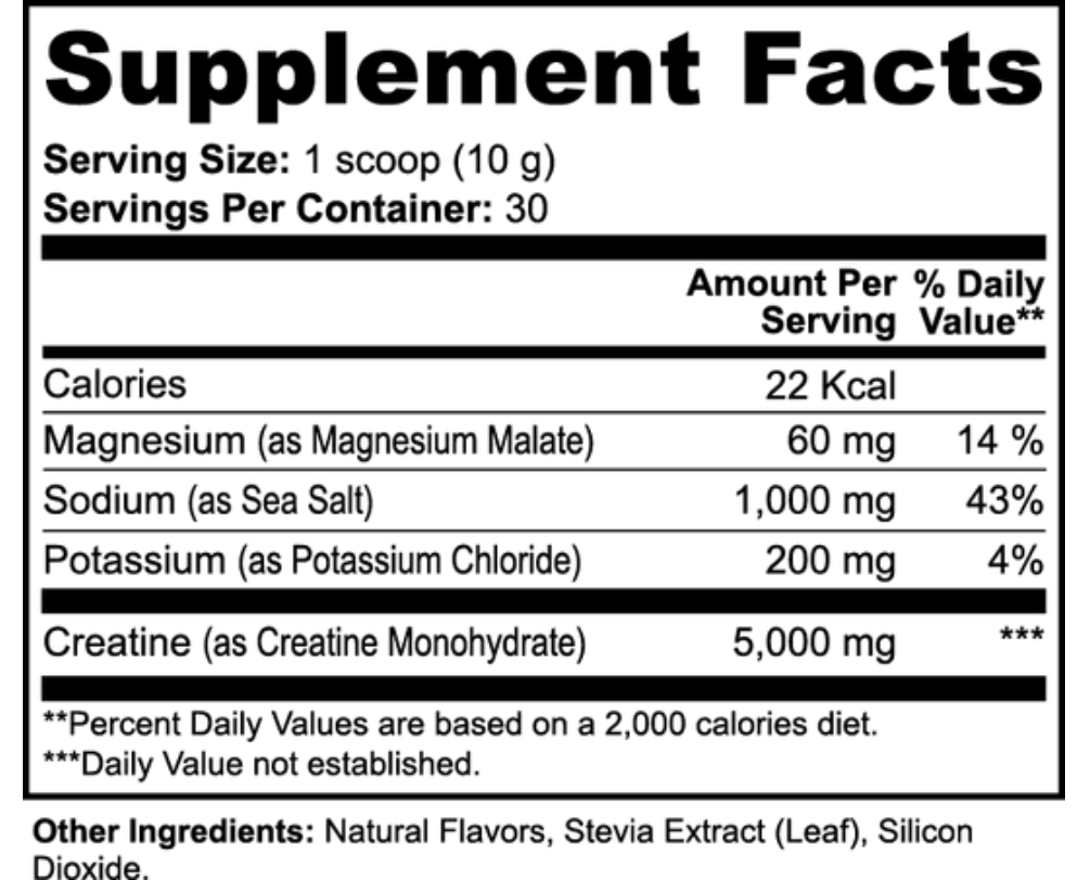 Supplement Facts label: serving size 1 scoop, creatine 5,000 mg