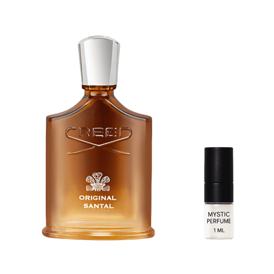 Creed Original Santal perfume bottle with silver cap and 1 ml Mystic Perfume vial