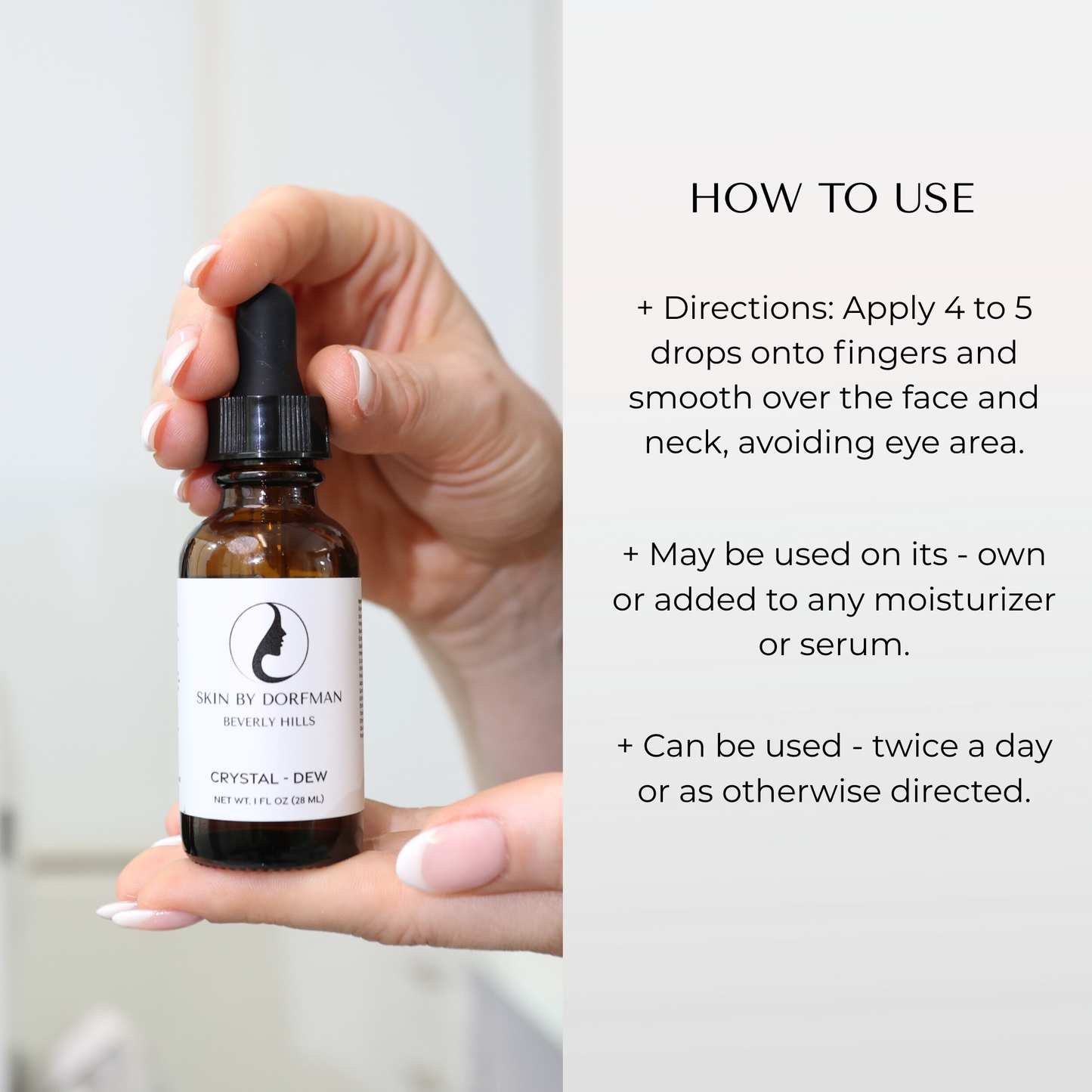 Amber serum bottle with black dropper held over face, how-to text panel
