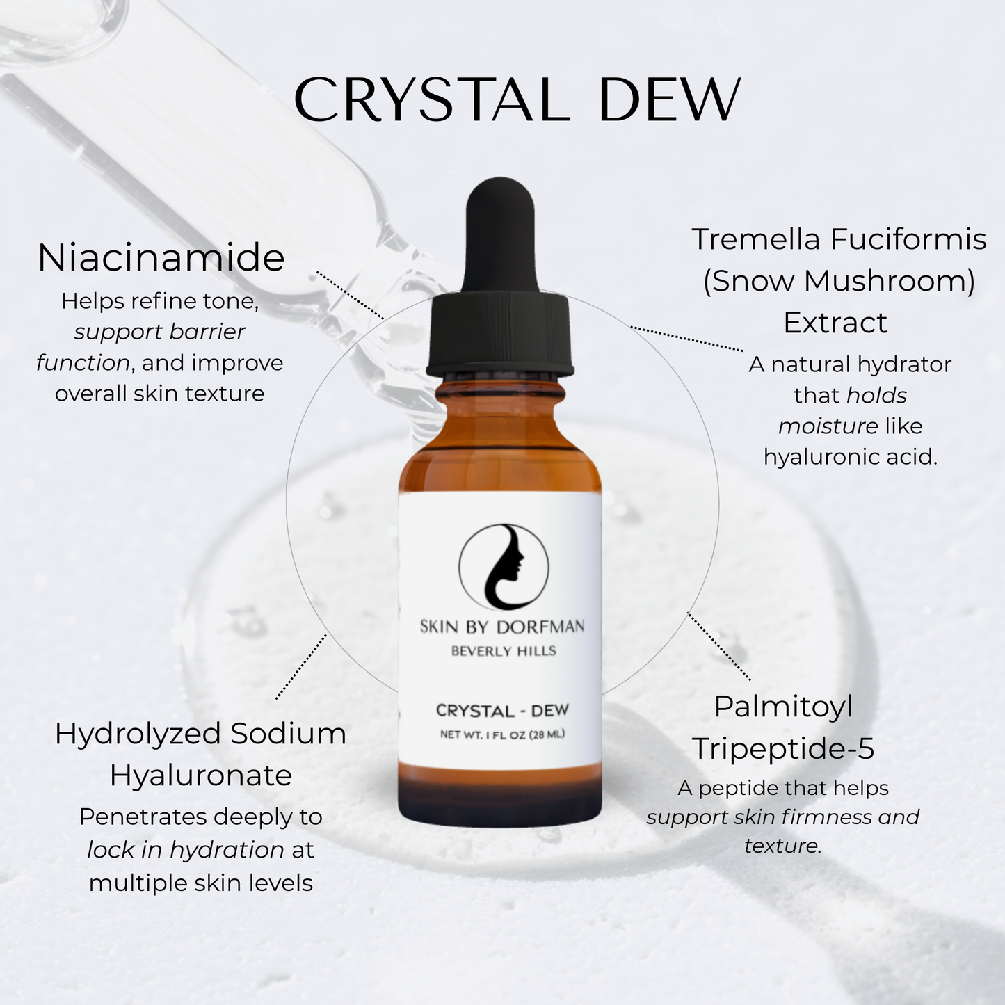 Hydrating face serum bottle in amber glass with black dropper