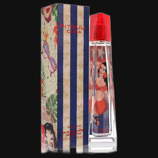 Women’s perfume bottle with red cap and clear glass, beside striped Cuba box