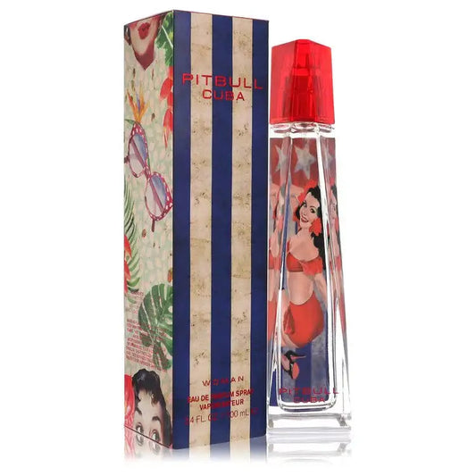 Women’s perfume bottle with red cap, clear liquid, featuring graphic label on bottle