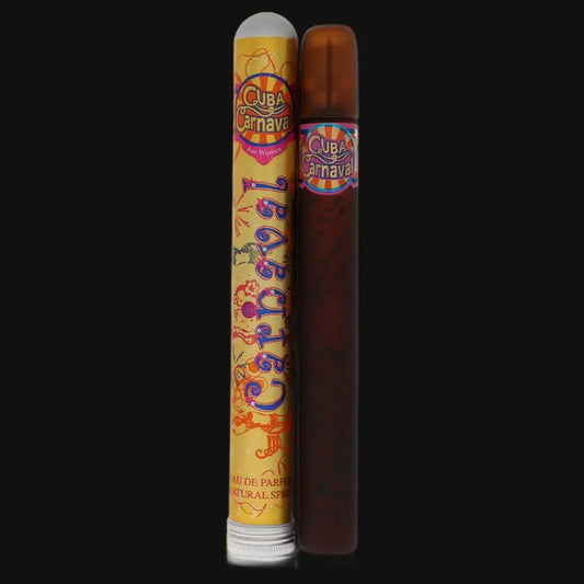 Women’s perfume bottle by Fragluxe, tall cylindrical bottle with colorful Cuba Canaval label