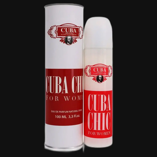 Women’s Cuba Chic perfume bottle and gift box, red and white cylindrical design