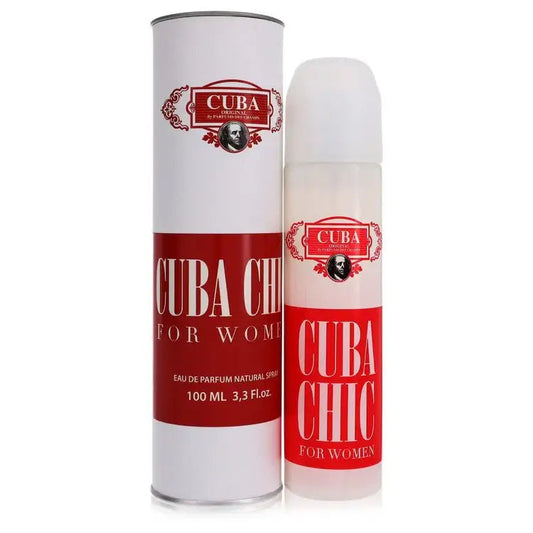 Women’s perfume bottle and tube box, red label and white cap