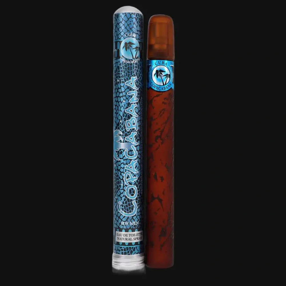 Men's eau de toilette cologne set: blue and dark amber cylindrical spray bottles