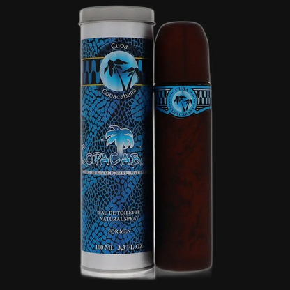 Men's eau de toilette cologne can and bottle, with blue label and dark amber spray