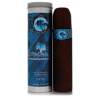 Men's eau de toilette cologne can and bottle, blue patterned can with dark amber bottle