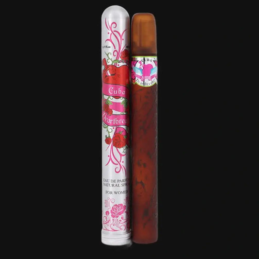 Women's perfume spray by Fragluxe, tall brown and white bottles with decorative heart print