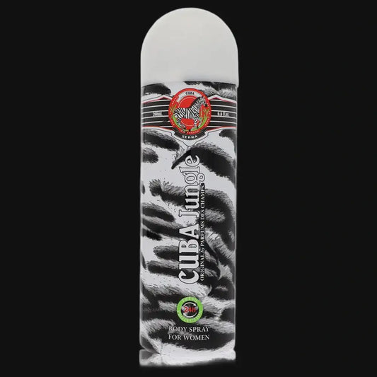 Zebra-print body spray bottle with white cap and red emblem on black-and-white body
