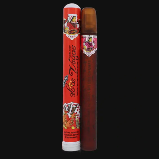 Women's perfume rollerball, red canister and amber bottle, capped top