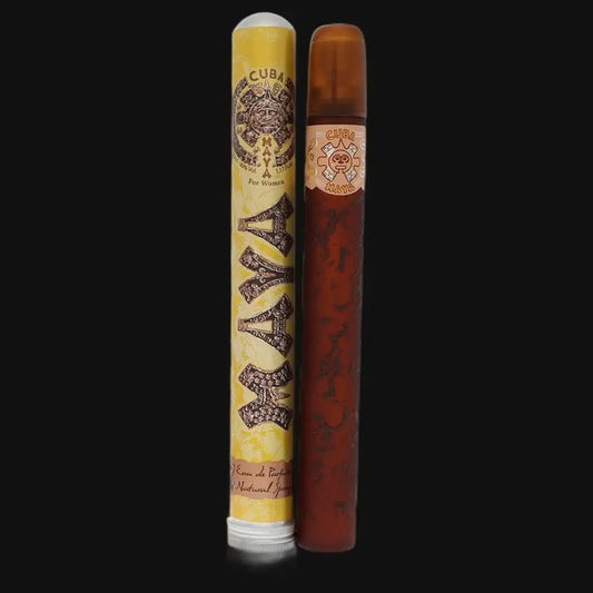 Women’s perfume duo with yellow and brown slim bottles, ornate labels and gold caps.