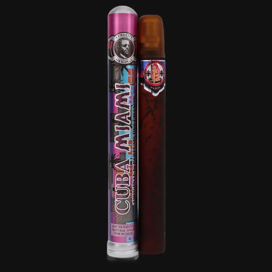 Women’s Fragluxe perfume set: pink metallic canister and amber glass spray bottle.