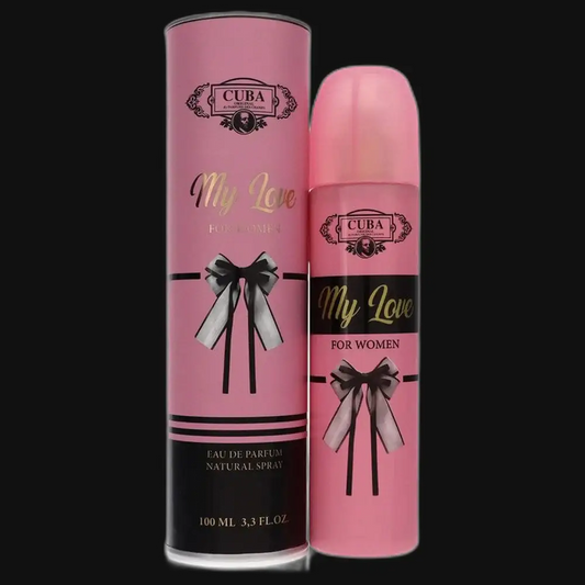 Women’s eau de parfum spray bottles, pink with black base and bow accents, 100 mL